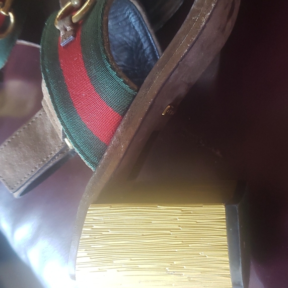GUCCI Querelle Web Horse Bit Suede Sandal Gold Block Heel EUR 37.5/US 7.5. - Picture 3 of 6